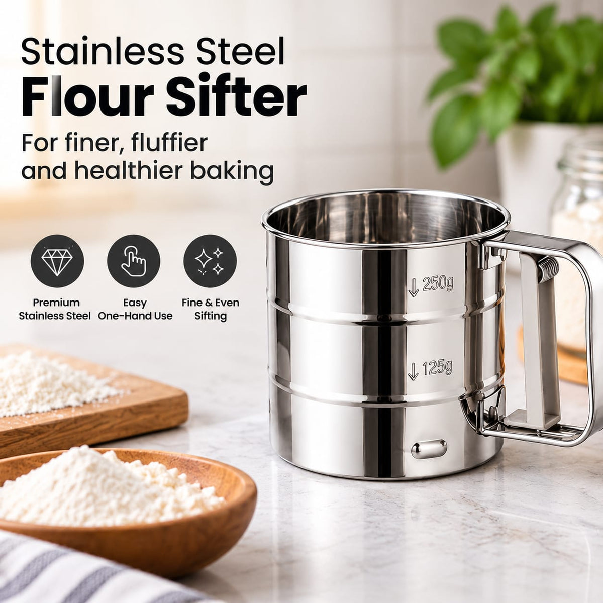Premium SS Flour Sifter – Smooth, Lump-Free Flour Every Time
