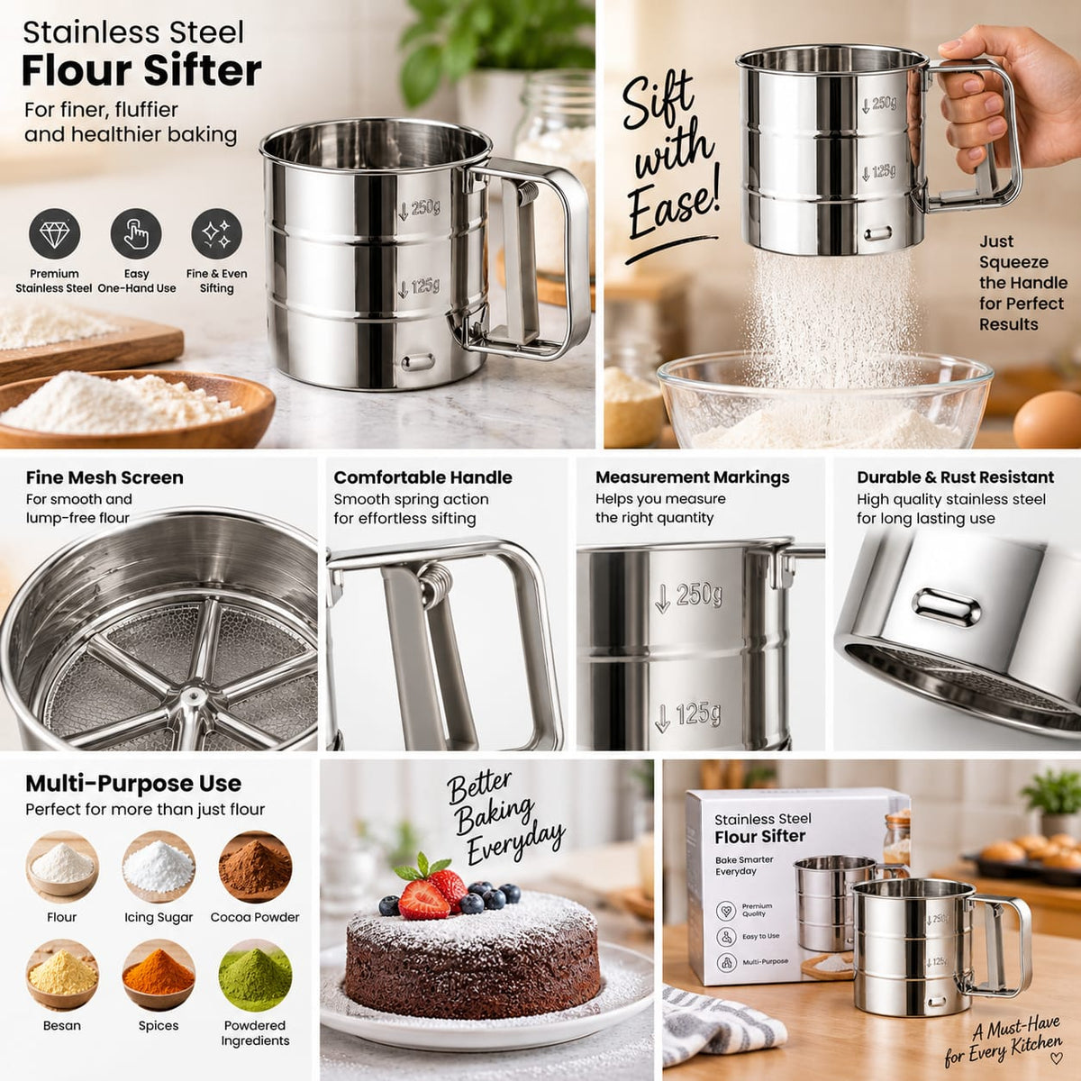 Premium SS Flour Sifter – Smooth, Lump-Free Flour Every Time